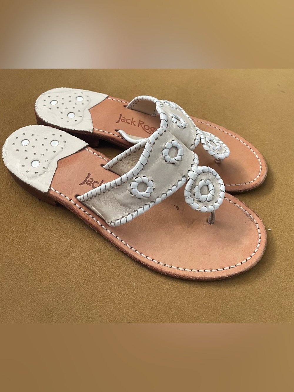 Jack Rogers Palm Beach Leather Sandals Classic Whipstitch Preppy Cream White 7M